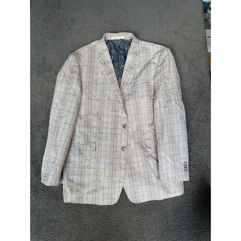 Joseph Abboud JOE Mens 46R Blazer Linen Cotton Plaid Sport Coat Tan Blue Paisley